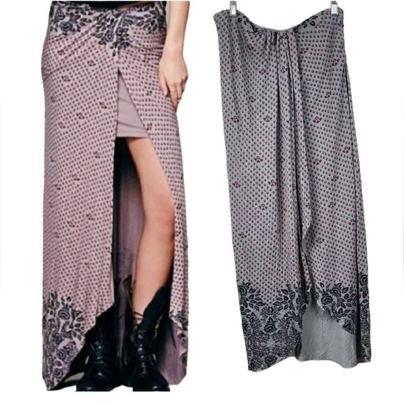 Free People Gray Print Hi-Low Midi Wrap Split Skirt Soft Knit Floral Border Maxi - Picture 1 of 11